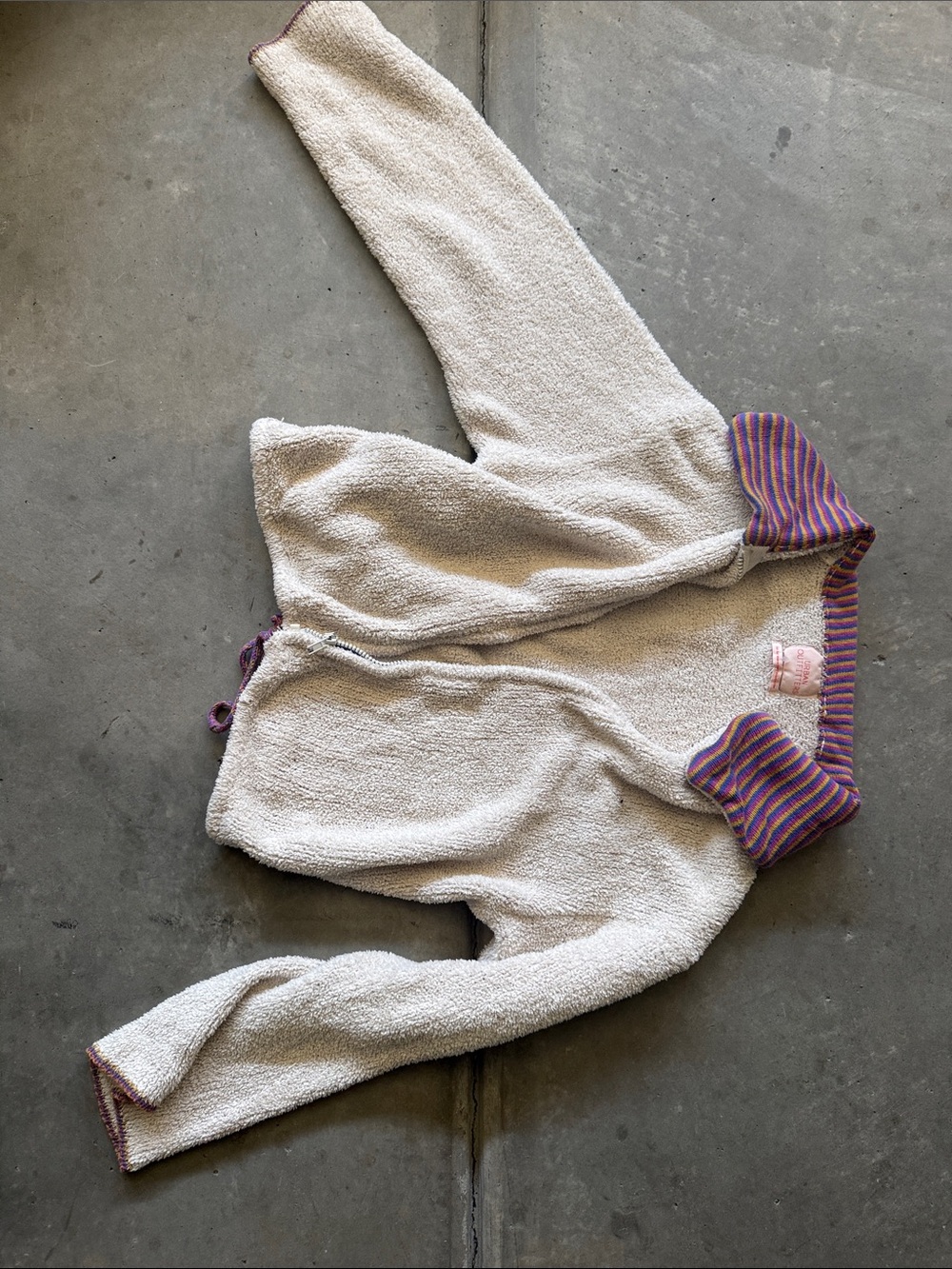 Urban Outfitters Cream Terry Zip-Up Sweater with Purple-Pink Striped Trim